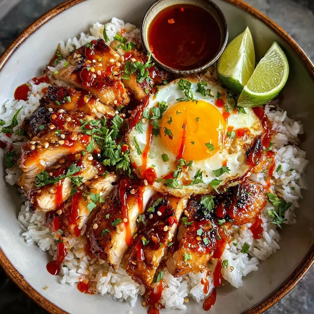 Bowl of Sweet Chili Chicken on a bed of rice with colorful vegetables