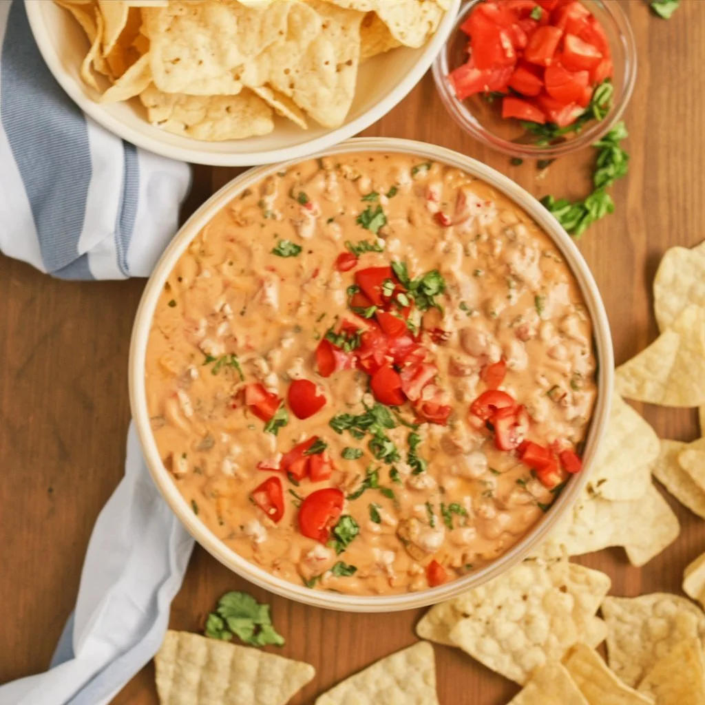 Delicious and creamy Rotel Dip served in a bowl with tortilla chips