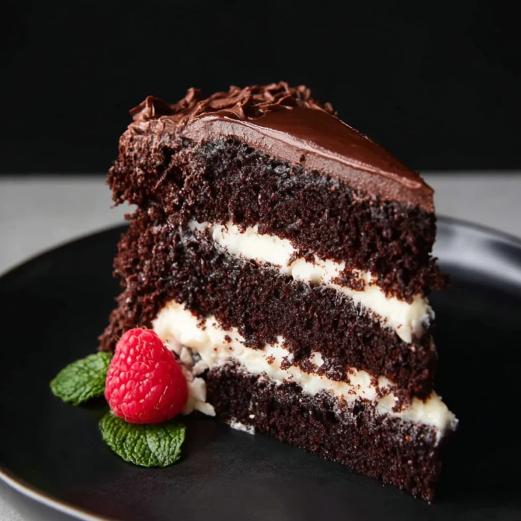 Delicious slice of tuxedo cake showcasing chocolate and vanilla layers.
