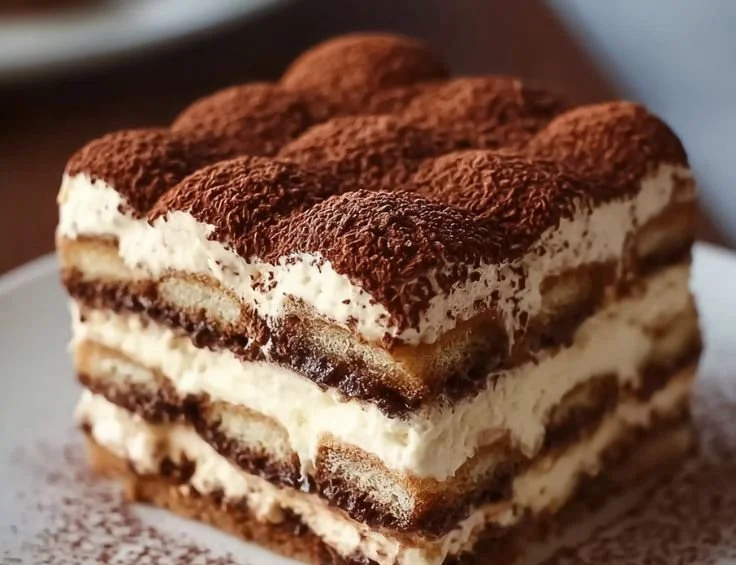 Delicious tiramisu cake layered with coffee and cream, topped with cocoa powder.