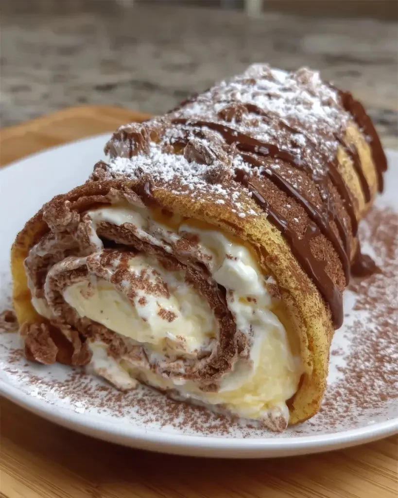 Sliced Tiramisu Crêpes Cake Roll with coffee and mascarpone layers