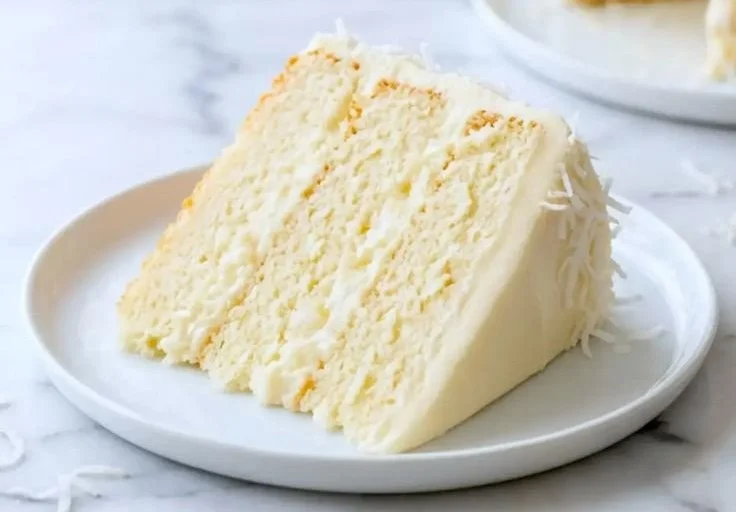 Delicious slice of White Chocolate Coconut Cake topped with coconut flakes and white chocolate shavings.