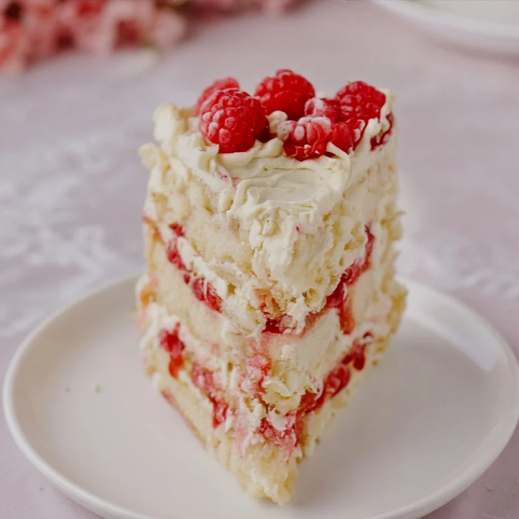 Delicious slice of white chocolate raspberry cake topped with fresh raspberries