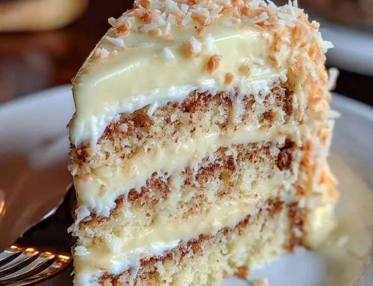 Slice of White German Chocolate Cake with coconut and pecan frosting on a plate