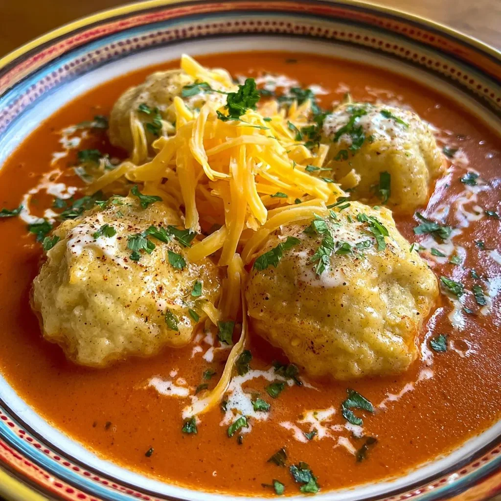 Wholesome tomato soup served with cheddar bay dumplings in a rustic bowl.