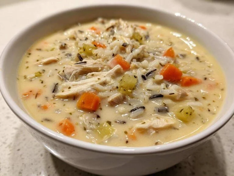 Bowl of creamy wild rice soup with vegetables and herbs