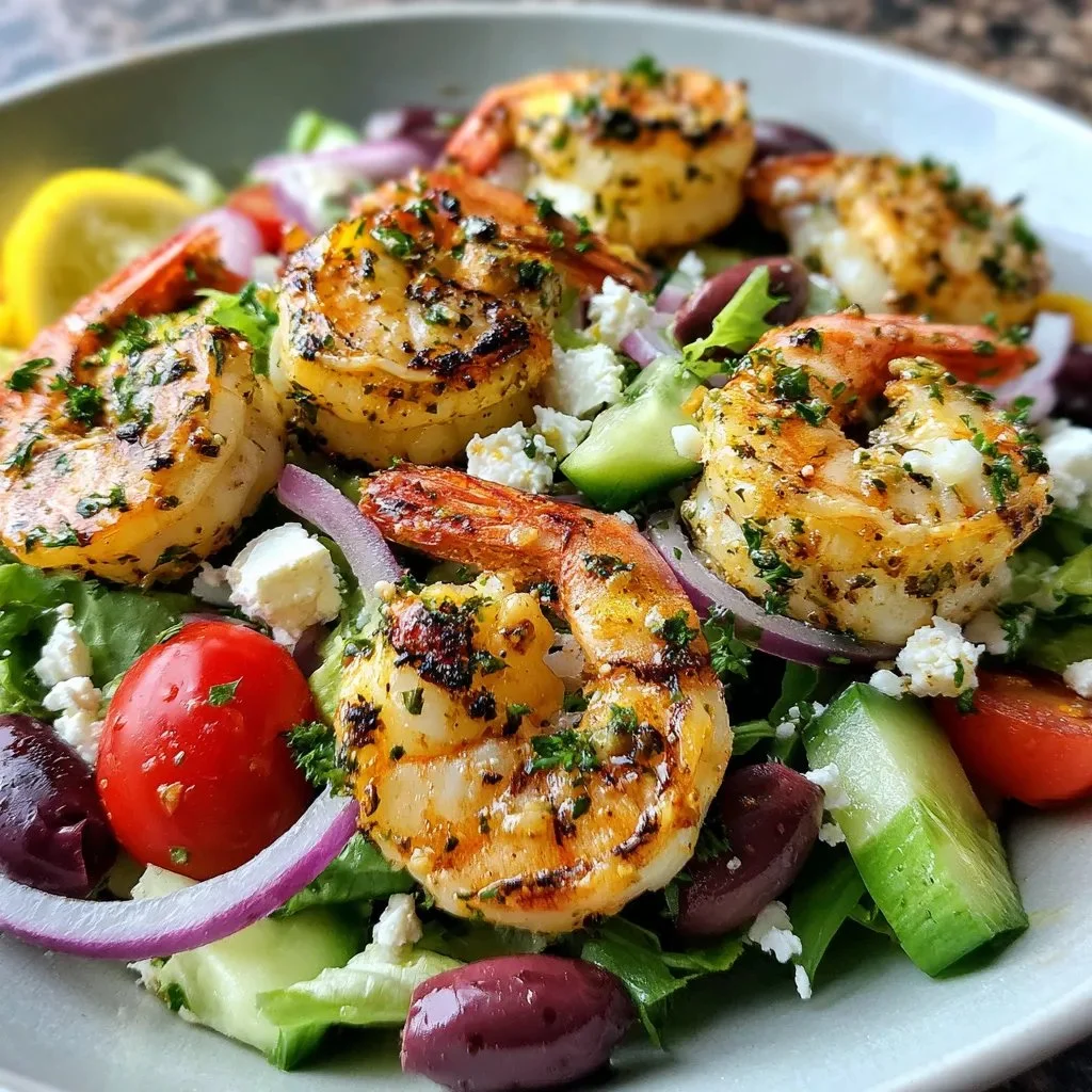 Zesty Mediterranean Grilled Shrimp Salad topped with fresh ingredients and herbs