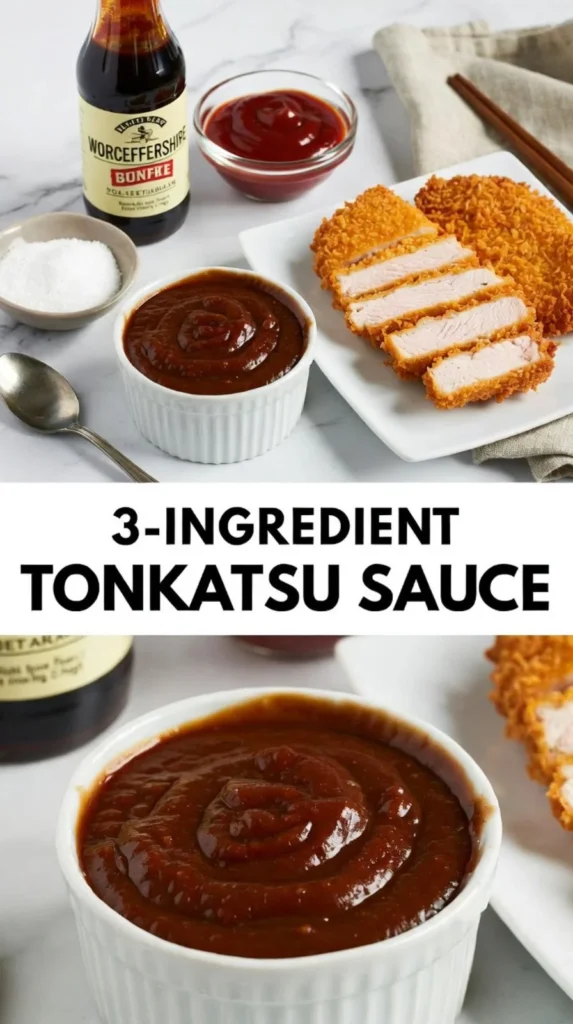 A bowl of homemade 3-Ingredient Tonkatsu Sauce with ingredients beside it
