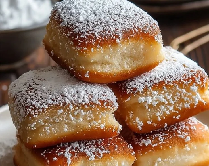 Delicious vanilla French beignets dusted with powdered sugar on a plate.