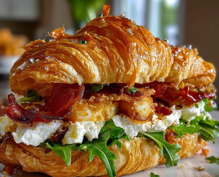 Apple and goat cheese croissant sandwich with fresh ingredients
