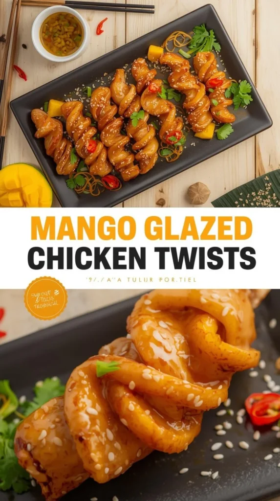 Asian Mango Glazed Chicken Twists served on a plate with colorful vegetables