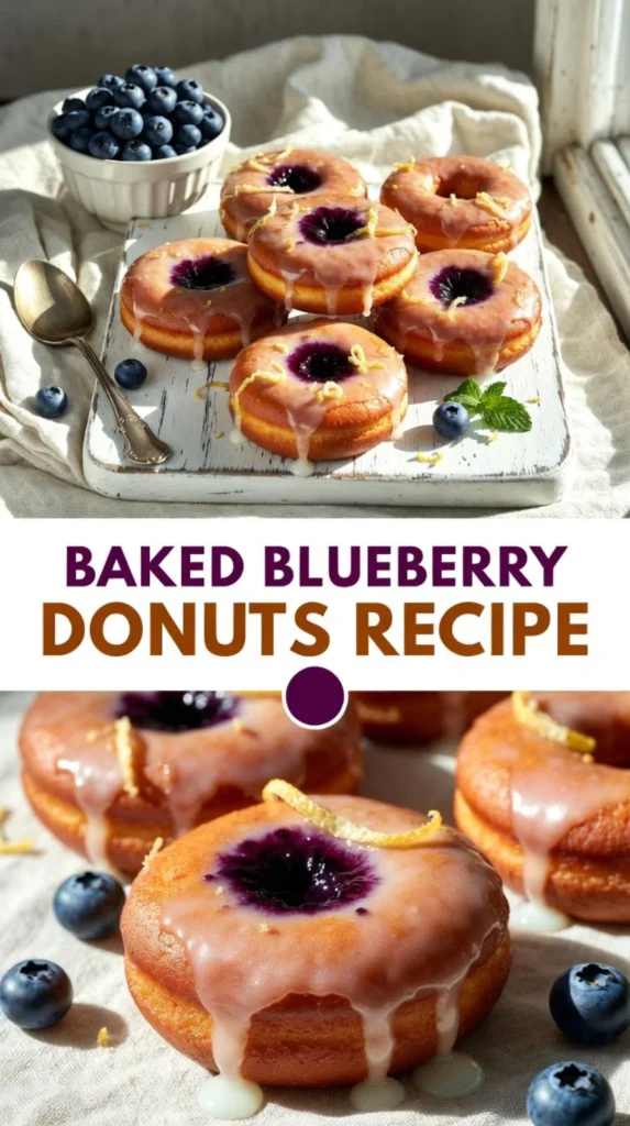 Delicious baked blueberry donuts topped with a glaze and fresh blueberries.
