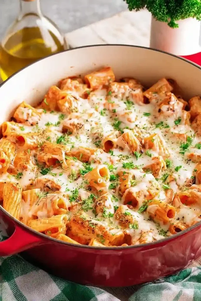 Baked Chicken Parmesan Pasta topped with melted cheese and herbs