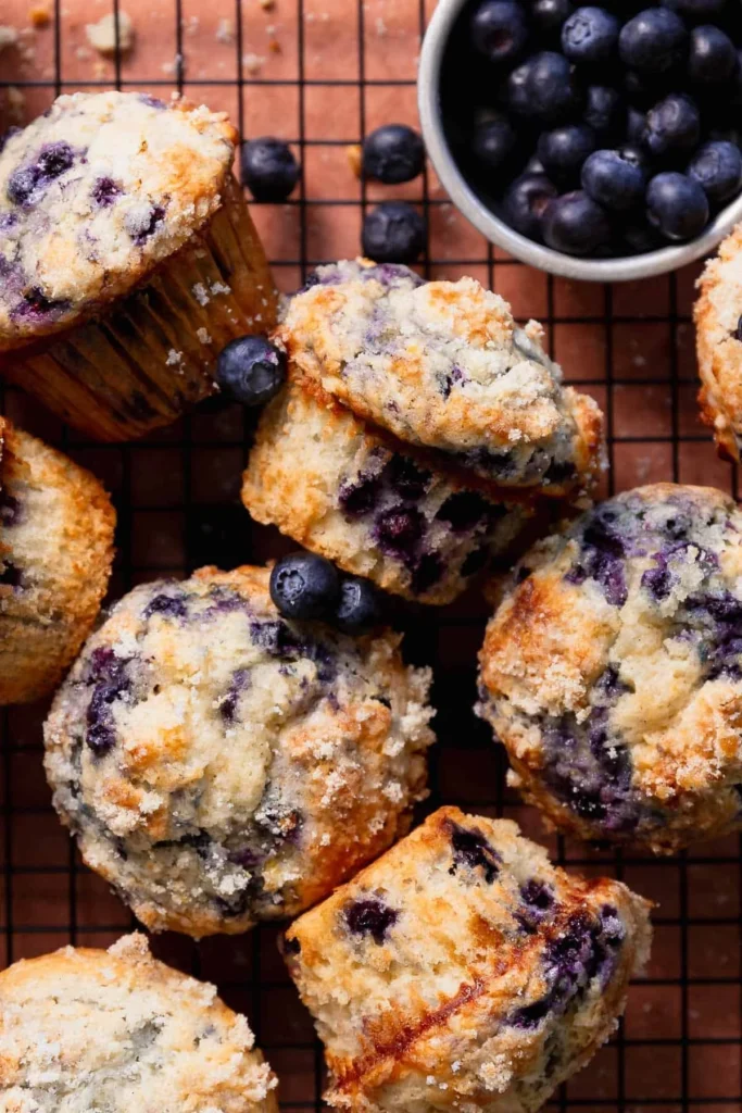 Freshly baked bakery style blueberry muffins with plump blueberries