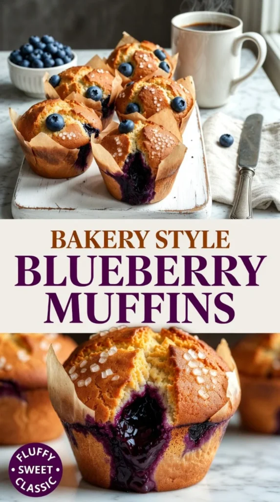 Freshly baked bakery style blueberry muffins with blueberries on top