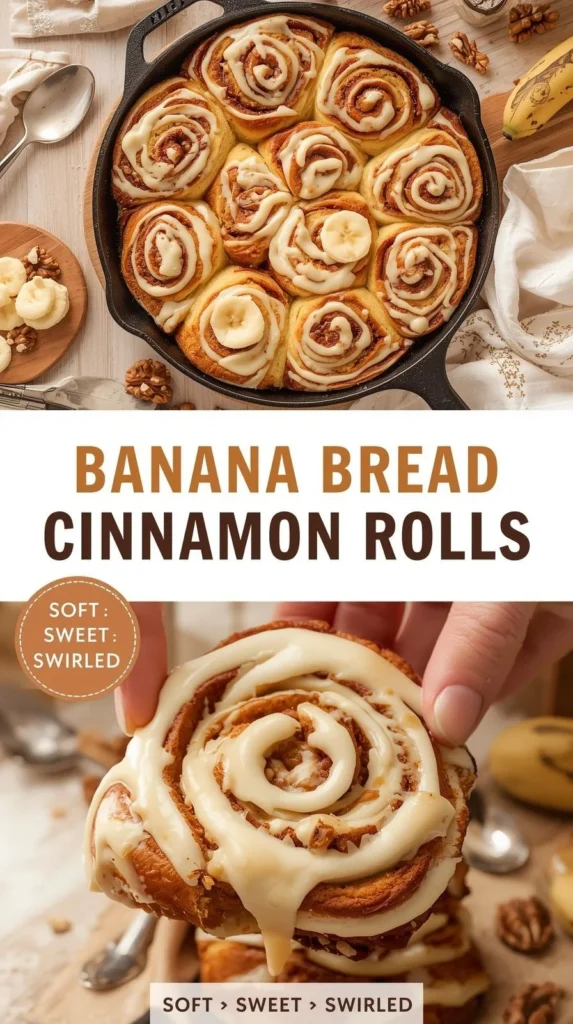 Delicious banana bread cinnamon rolls topped with cream cheese frosting