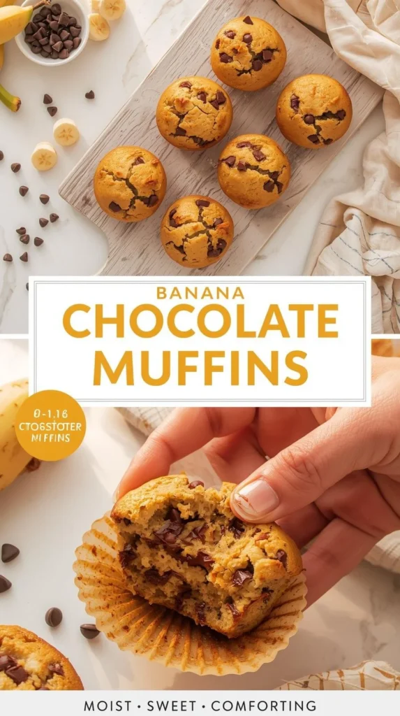 Freshly baked banana chocolate chip muffins on a cooling rack