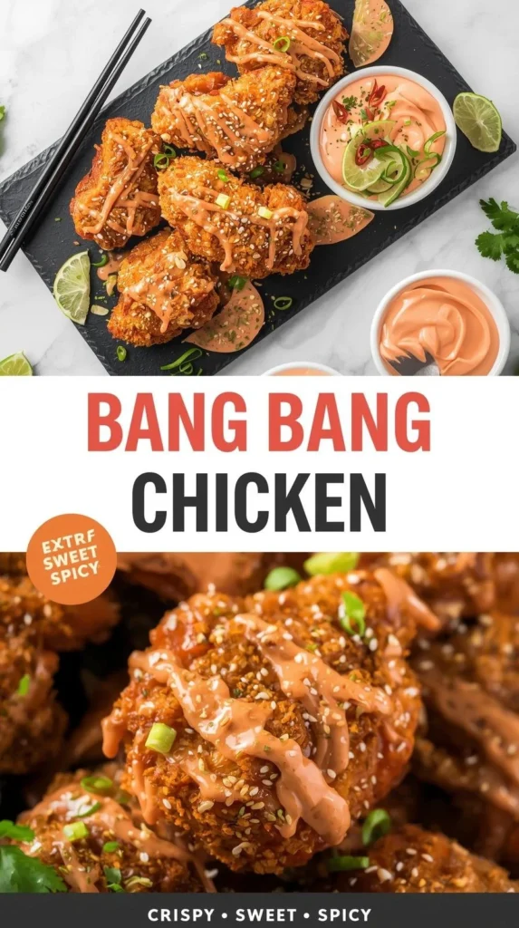 Plate of Bang Bang Chicken served with sauce and garnishes.