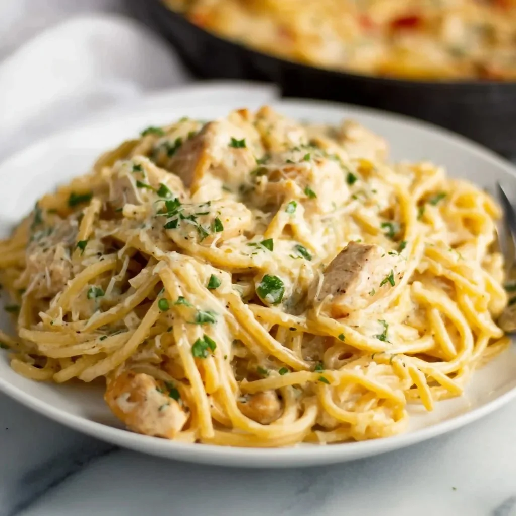 Delicious creamy chicken spaghetti served in a bowl with herbs and cheese