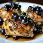 Juicy blueberry thyme chicken garnished with fresh herbs and served on a plate