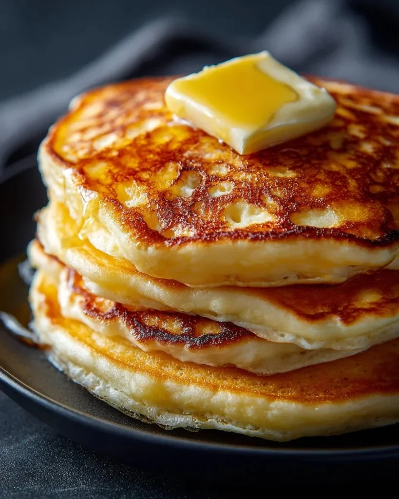 Stack of fluffy pancakes with syrup and berries on a plate