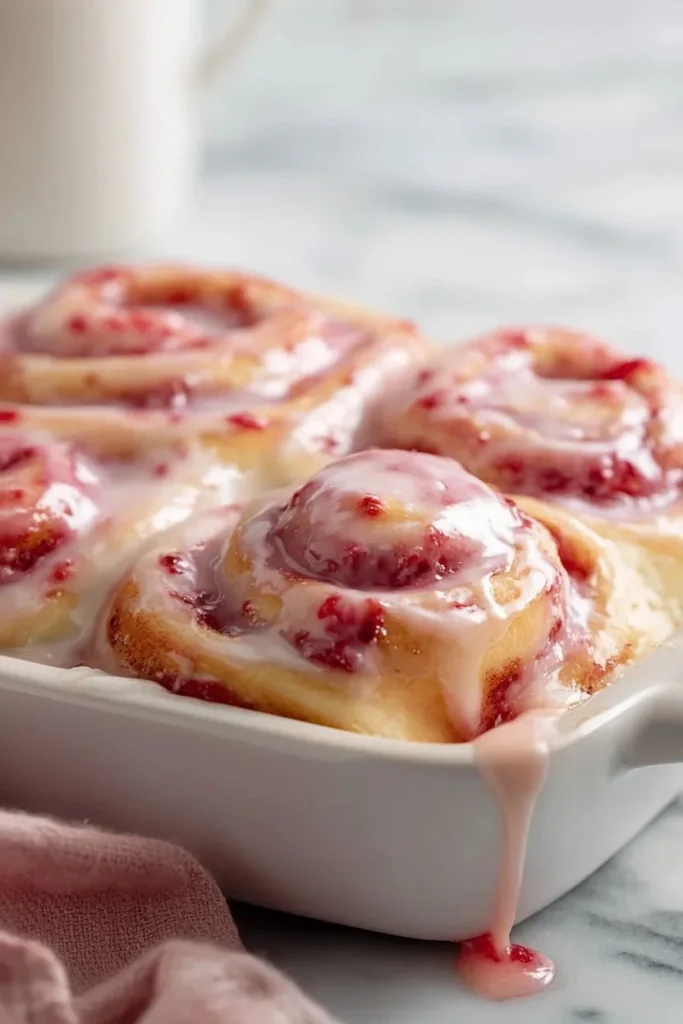 Delicious homemade strawberry cinnamon rolls topped with icing