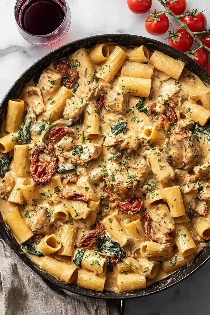 Delicious plate of Tuscan Chicken Pasta garnished with herbs