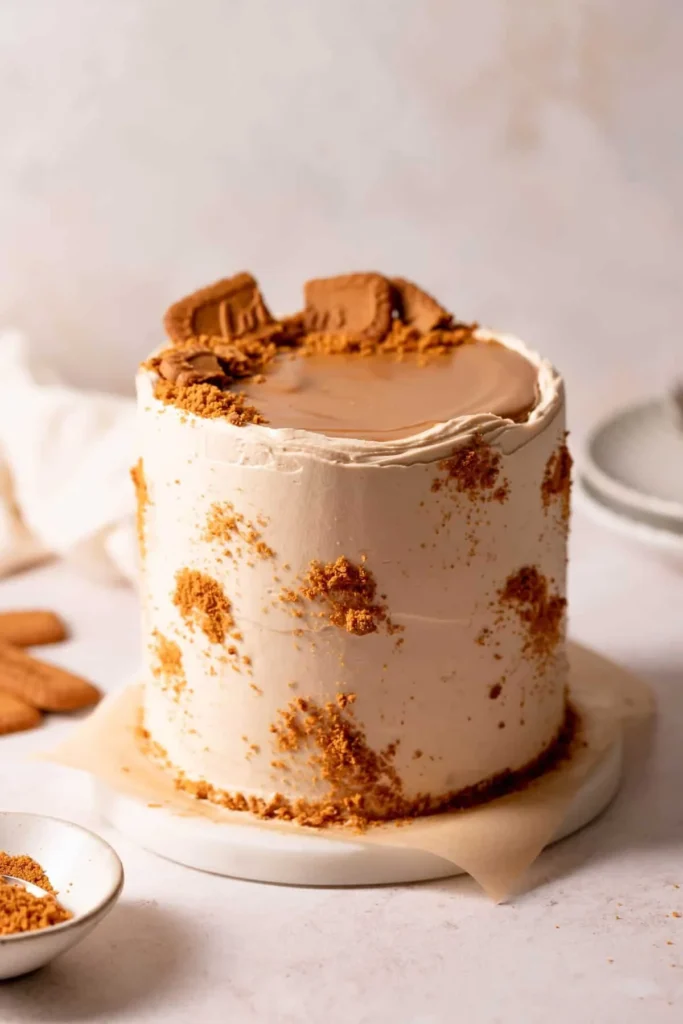 Delicious Biscoff Cookie Butter Cake topped with cookie crumbs and frosting