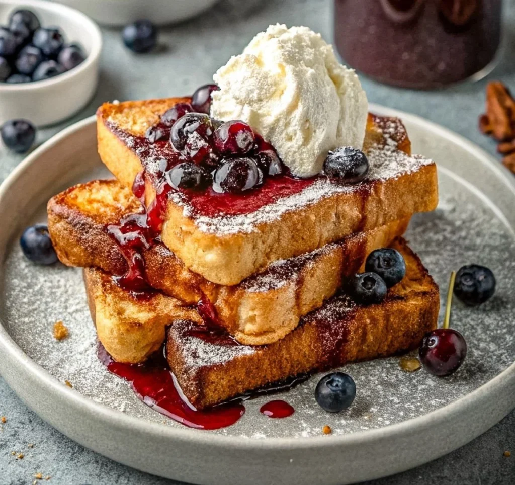 Brioche French toast served with blueberry compote on a white plate