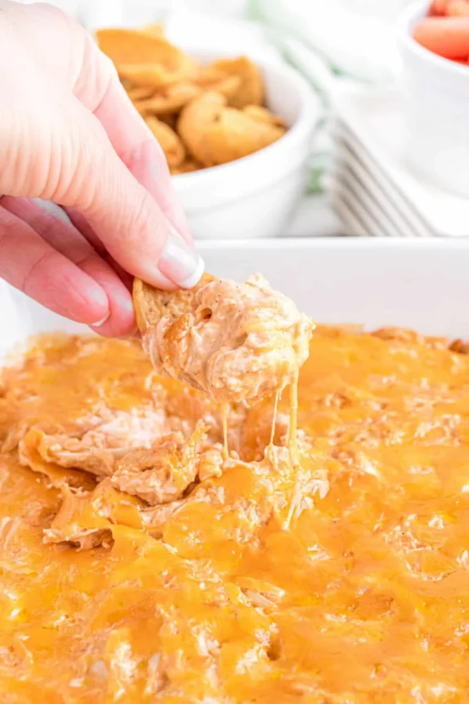 Delicious Buffalo Chicken Dip served with tortilla chips