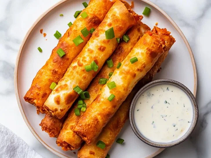 Delicious Buffalo Chicken Taquitos ready to be served as a scrumptious appetizer.