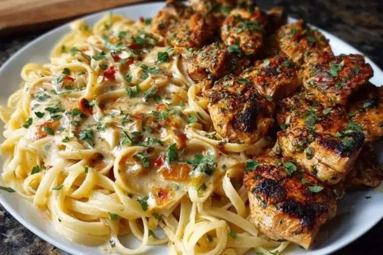 Cajun Chicken served with garlic Parmesan linguine on a plate.