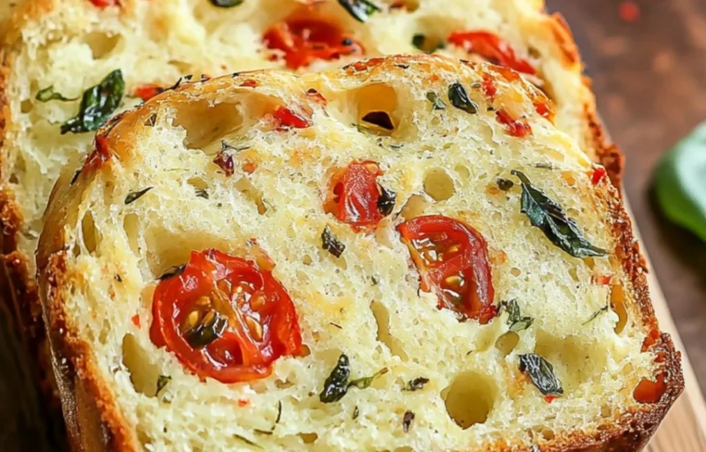 Sliced Caprese Quick Bread with tomatoes, mozzarella, and basil.
