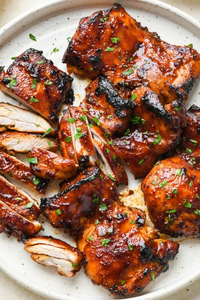 Caramelized BBQ chicken thighs ready to be served on a grill plate