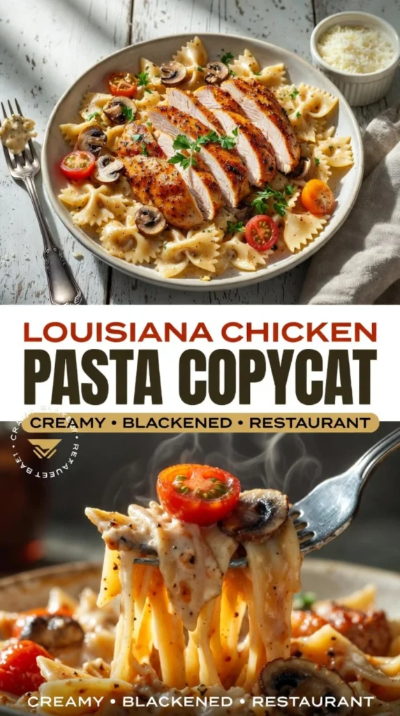 Delicious Louisiana Chicken Pasta served with creamy sauce and fresh ingredients