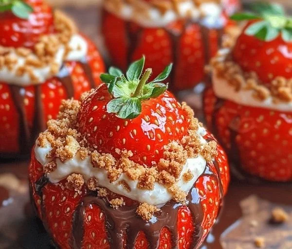 Cheesecake stuffed strawberries filled with creamy cheesecake filling and topped with fresh berries.