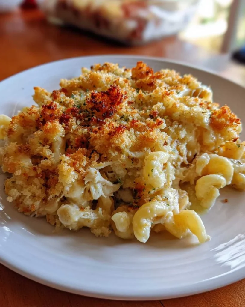 Delicious cheesy tuna casserole served in a baking dish