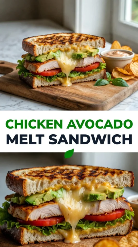 Chicken Avocado Melt sandwich with avocado, chicken, and cheese on toasted bread.