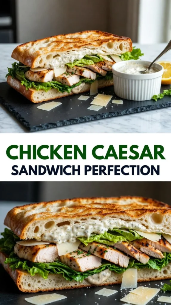 Delicious Chicken Caesar Sandwich served on a wooden platter