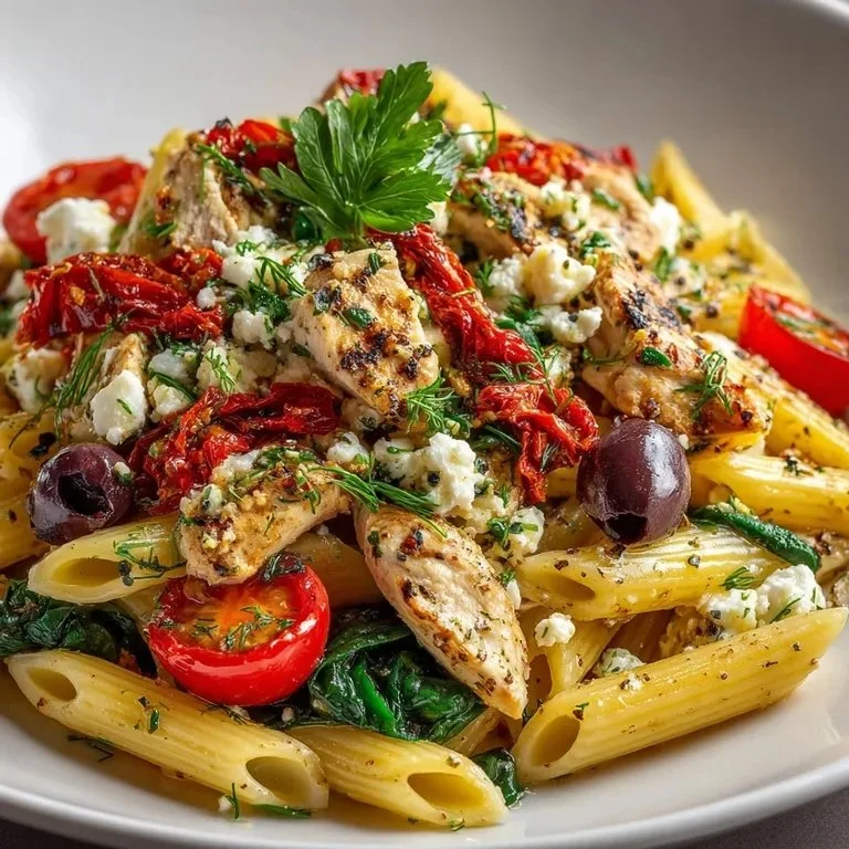 Delicious Chicken Feta Greek Pasta served in a bowl with fresh herbs