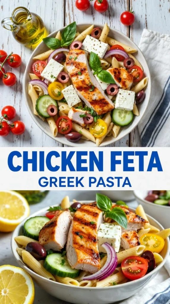 Delicious Chicken Feta Greek Pasta dish served with herbs and olives