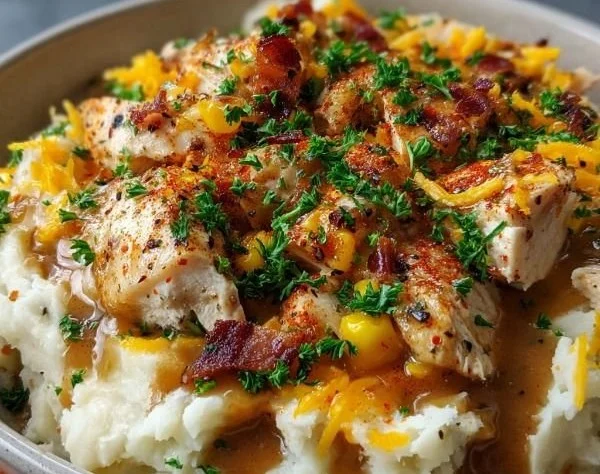 Delicious Chicken Mashed Potato Bowls served with gravy and veggies.