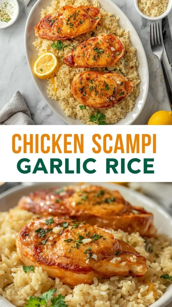 Chicken Scampi served with creamy garlic parmesan rice on a plate
