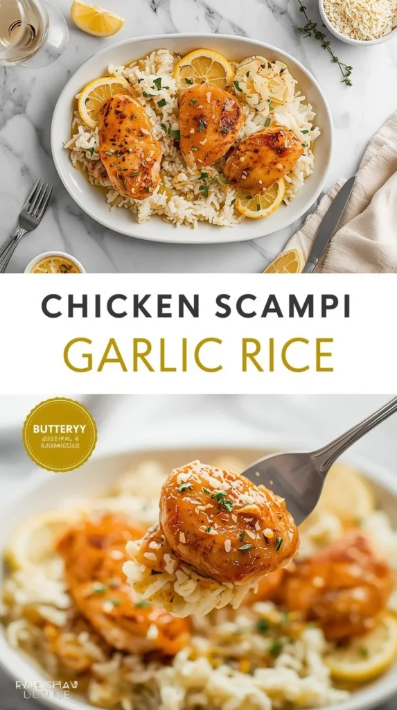 Delicious Chicken Scampi served with creamy garlic parmesan rice on a plate