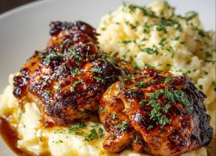 Delicious Chipotle Honey Chicken Thighs served with Smoked Gouda Mashed Potatoes