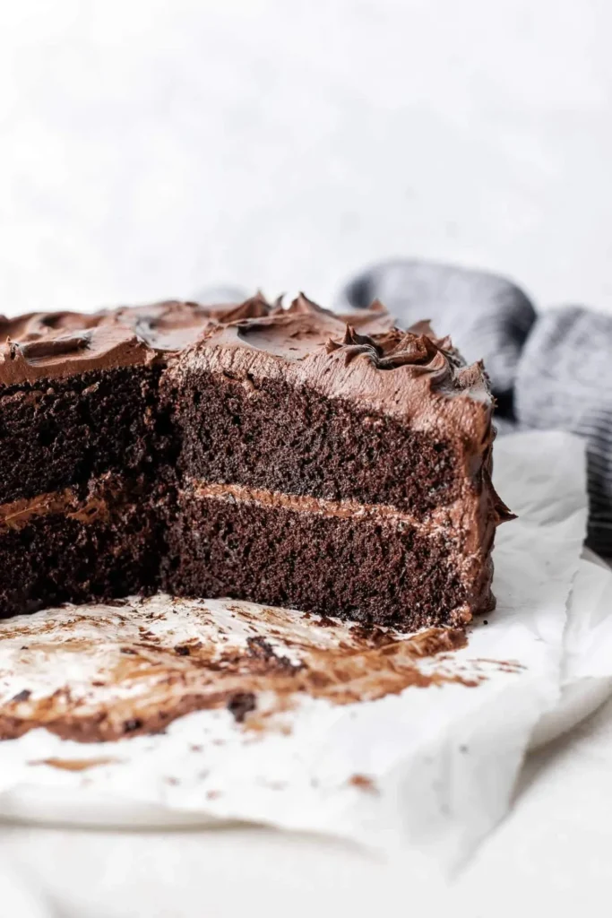 Deliciously moist chocolate cake topped with creamy chocolate frosting