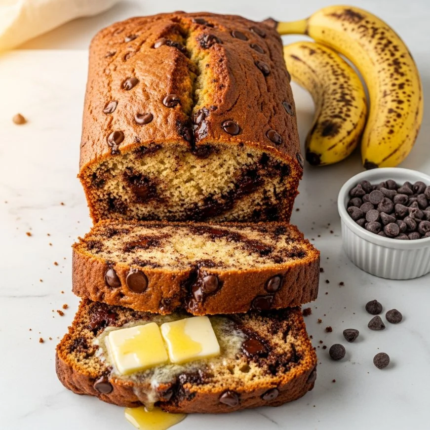 Delicious slice of chocolate chip banana bread on a plate with chocolate chips and banana slices