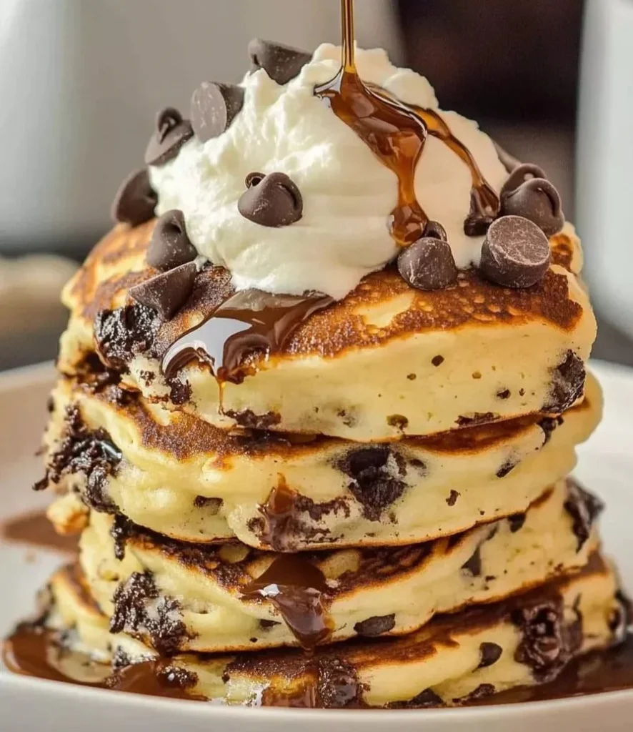 Delicious chocolate chip pancakes served with syrup and fresh berries