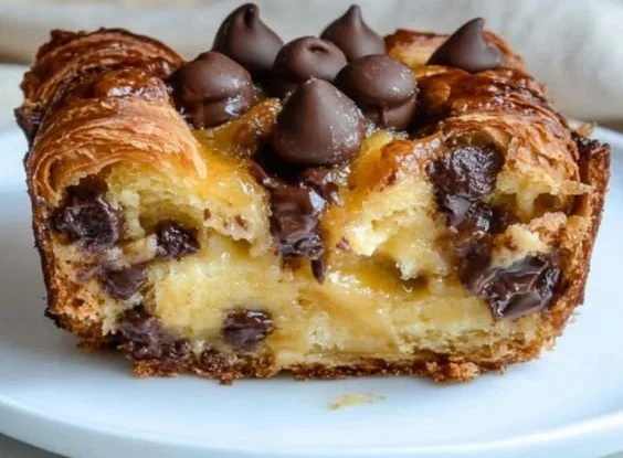 Chocolate croissant breakfast bake with melted chocolate and flaky layers