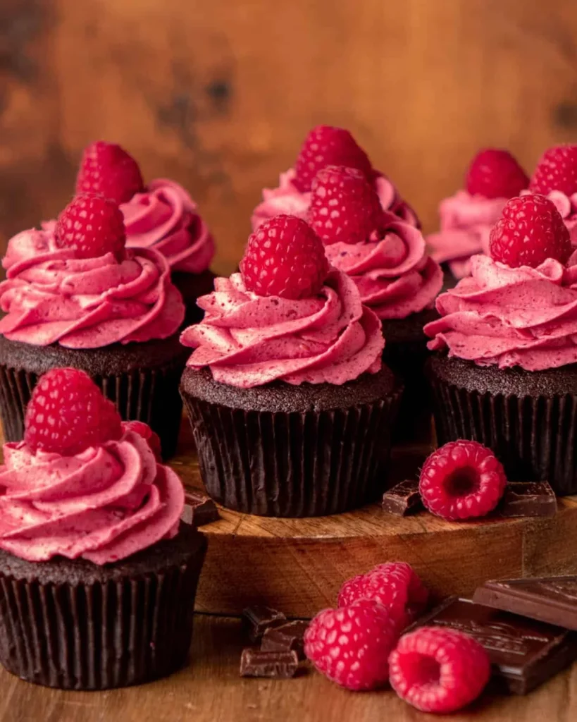 Delicious chocolate raspberry cupcakes with fresh raspberries on top